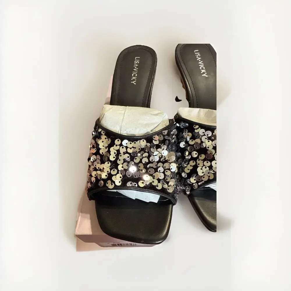 Lisa Vicky Pretty-V Black Slide Sandal Platinum Black Sequins Size 7 Heels - Picture 2 of 9